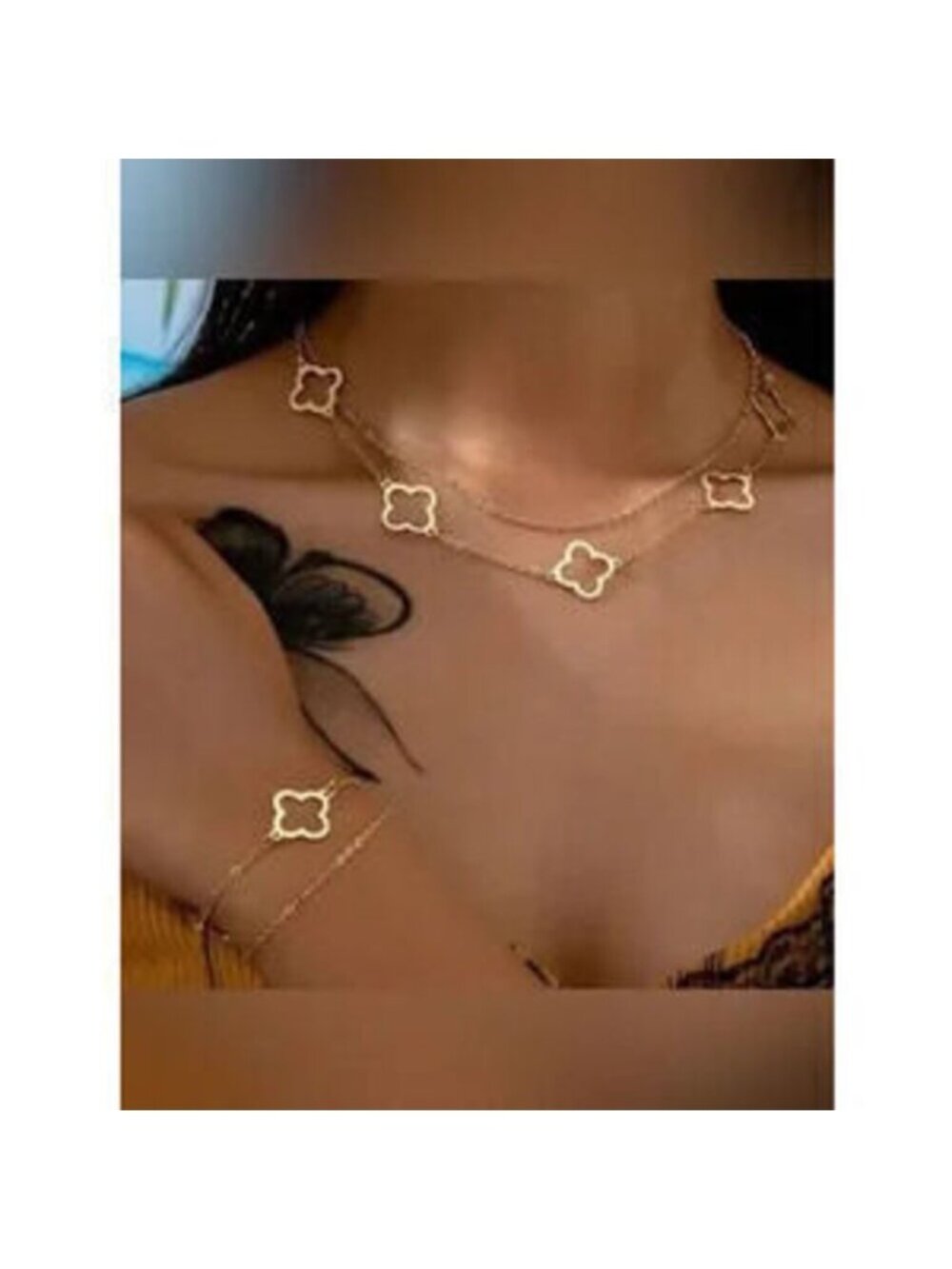 Gold Clover Necklace & Bracelet Set Gift Dainty